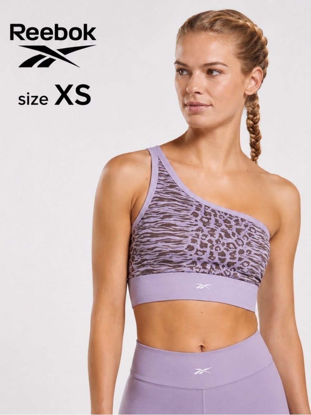 Reebok One-Shoulder Medium Support Bralette Sports Bra XS  Lavender Animal Print